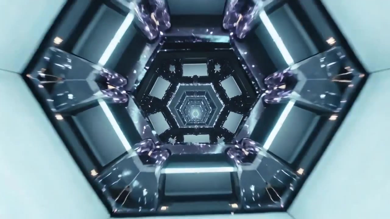 Starting camera moving through hexagonal mirror tunnel, revealing glowing core with crystal columns