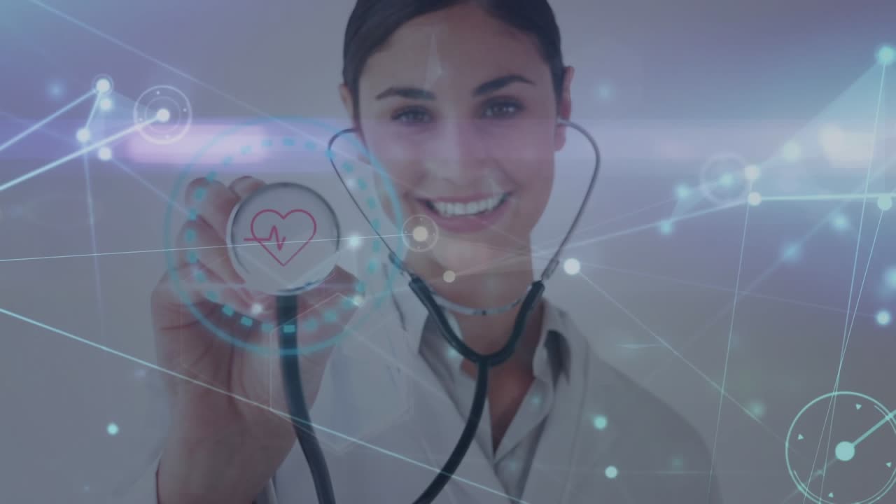 Animación de red de conexiones sobre una doctora caucásica.