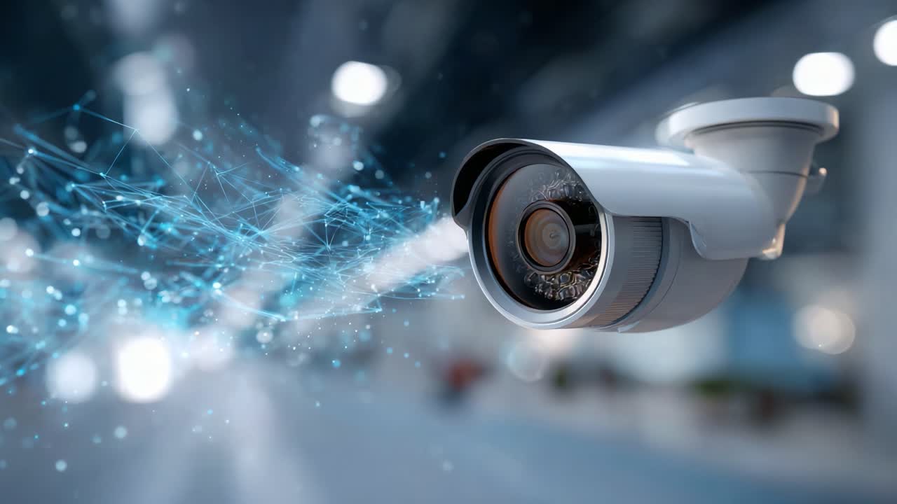 Advanced Surveillance Camera with Futuristic Design Capturing Digital Data Flow in a Modern Environment Focused on Security and Technology Innovations