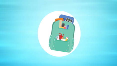 digital animation of school bag icon over white circular banner against blue background