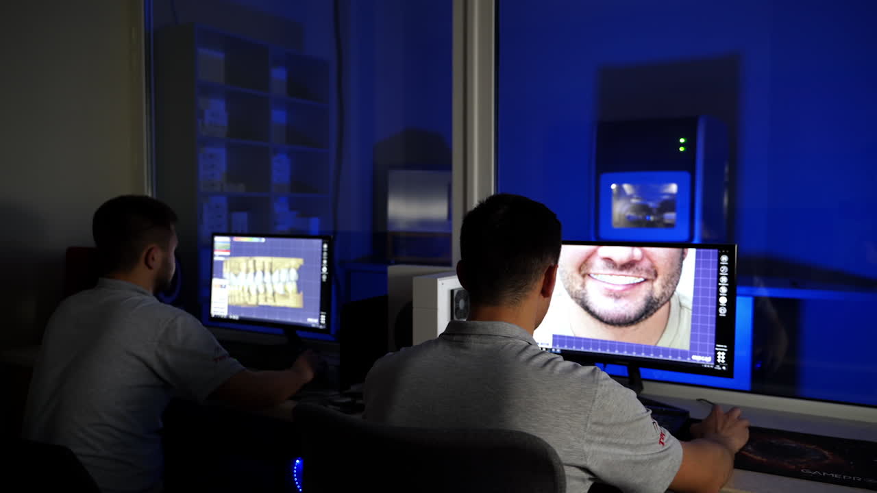 Dental technician works with dental prosthesis. Making of artificial teeth by dental technician in the clinic