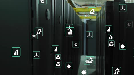 animation of eco icons and data processing over computer servers