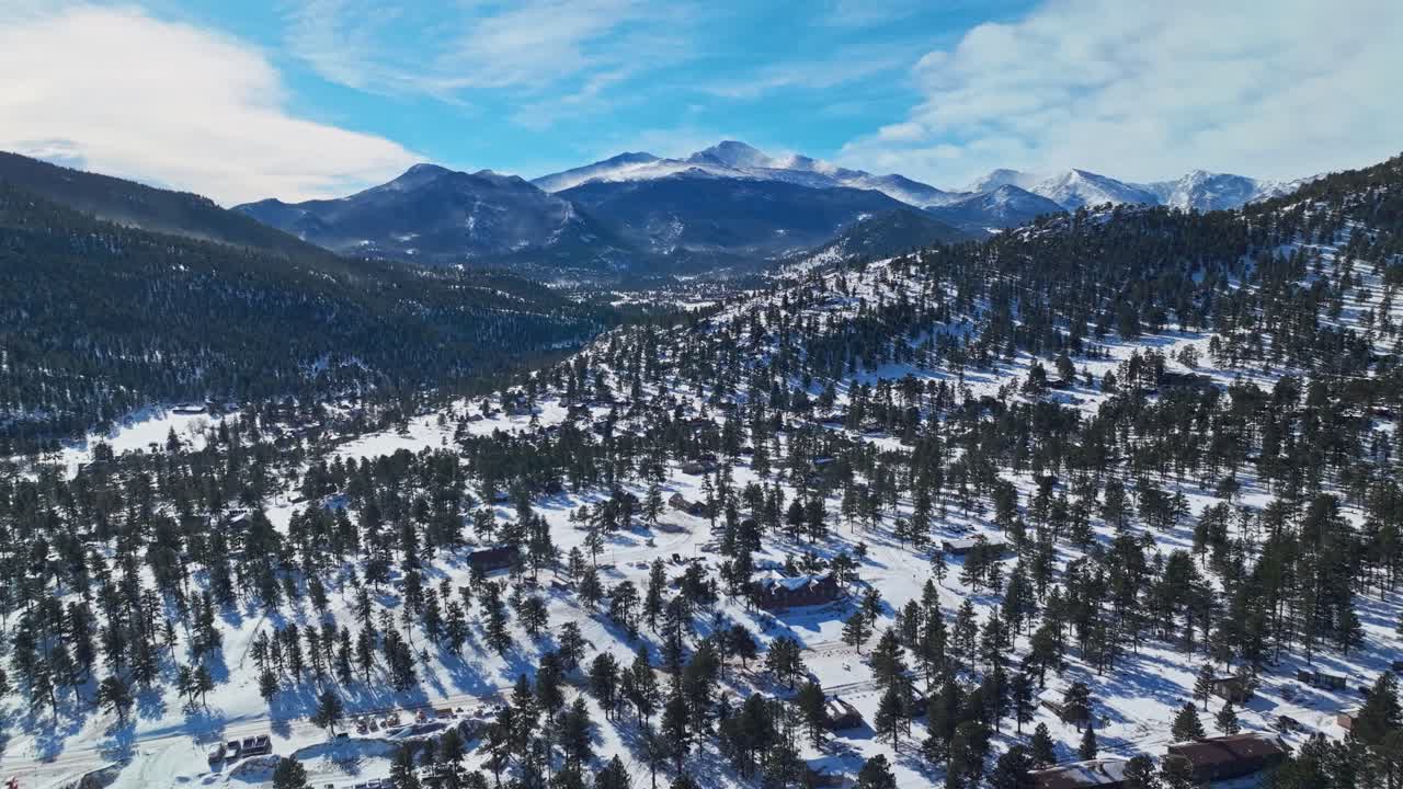 Aerial drone tracking left over snowy mountains in Estes Park, Colorado, stunning pine forests below