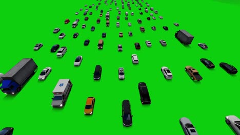 el tráfico pesado de coches 3d, vista superior delantera 4k, pantalla verde chromakey