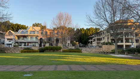 Lifestyle-wide-shot-of-East-Perth-Redevelopment-homes-at-sunset-in-European-style-in-Gibraltar-Way-across-the-park-of-Victorian-Gardens-in-Perth-Western-Australia