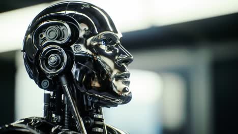 exploring the intricate design and futuristic aesthetic of a highly detailed robotic head in a modern tech environment