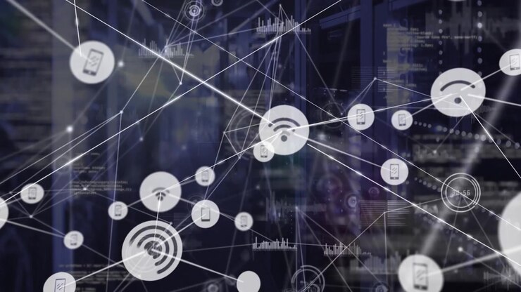 Animation of network of connections with icons over servers