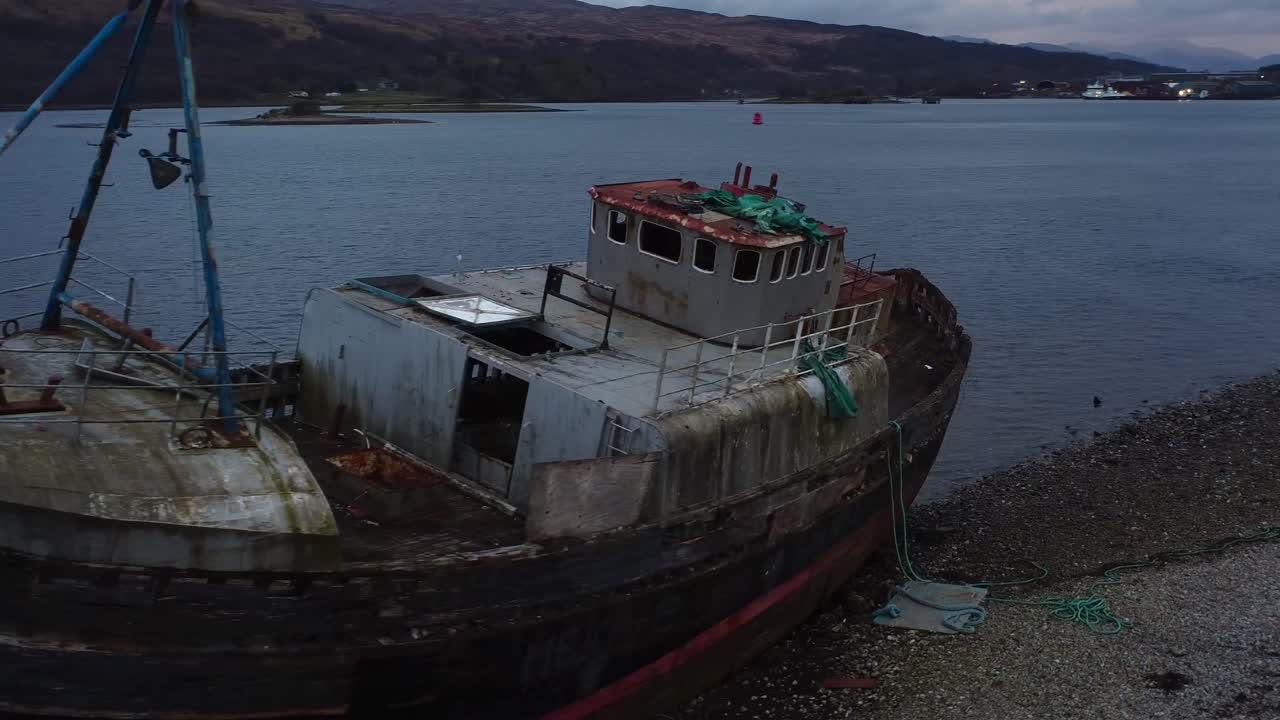 Cinematic circling of The Corpach Shipwreck on shores of Loch Linnhe near Fort William - Scotland