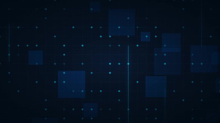 Abstract Digital Background with Moving Blue Squares and Grid Lines