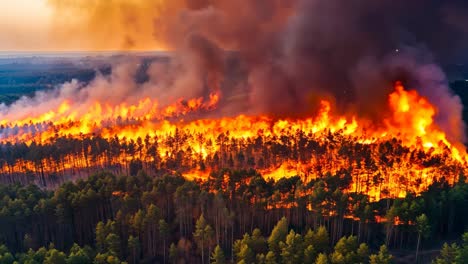 a large fire burns in the middle of a forest