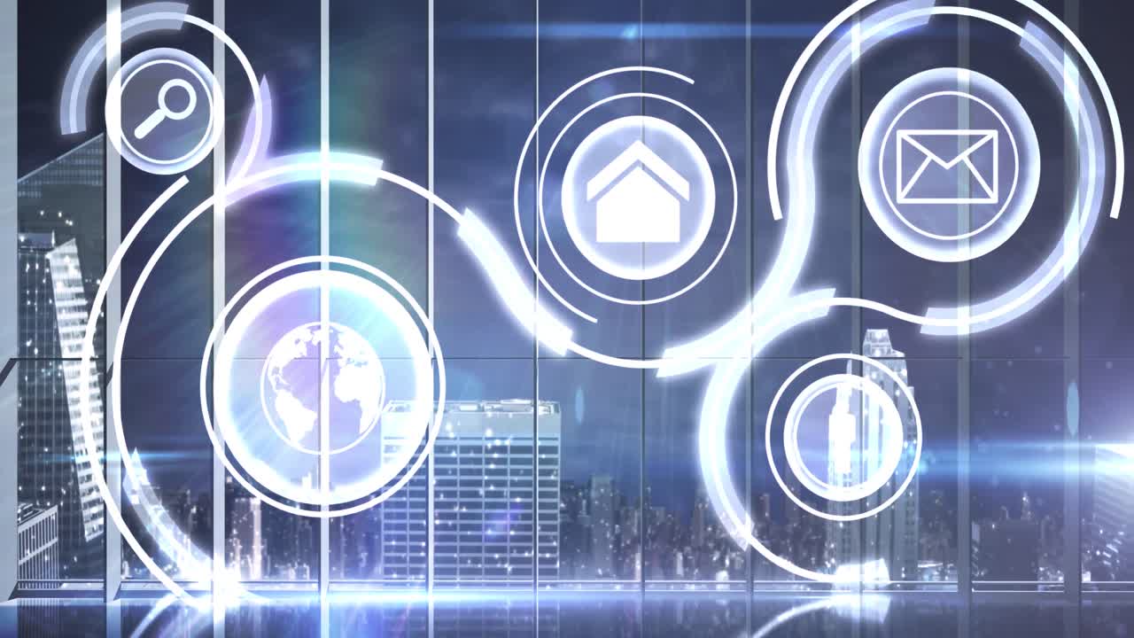 도시 풍경 위의 컴퓨터 아이콘과 연결된 네트워크의 애니메이션