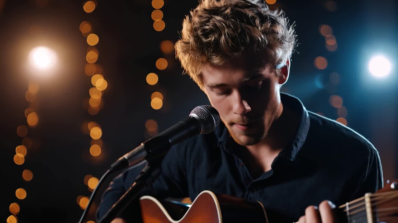 Young Man Singing and Playing Acoustic Guitar on Stage