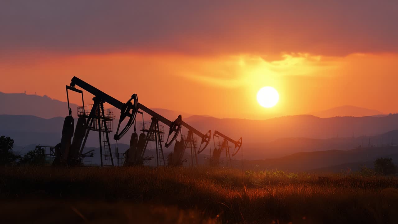 Puesta de Sol Sobre Bombas de Extracción de Petróleo: Una Vista Panorámica de Plataformas Petrolíferas Silueteadas Contra un Vibrante Cielo Naranja en un Paisaje Remoto