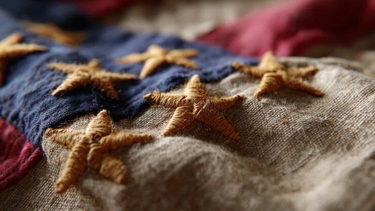 Close-Up Views of an Intricately Crafted Fabric Flag Featuring Historical Stars, Capturing the Texture and Color Variation of Textile Artistry