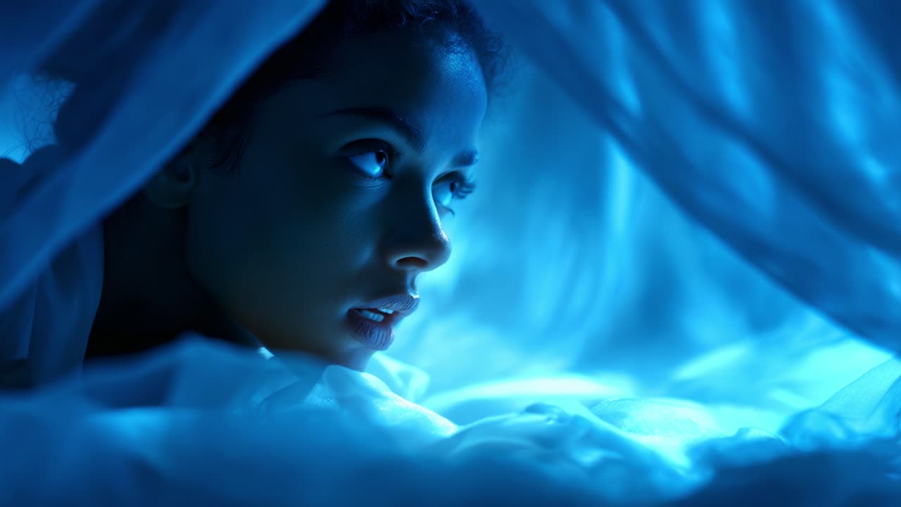 An intimate moment captured under soft folds of fabric, revealing a young woman's contemplative expression as she gazes through a veil of light and shadow