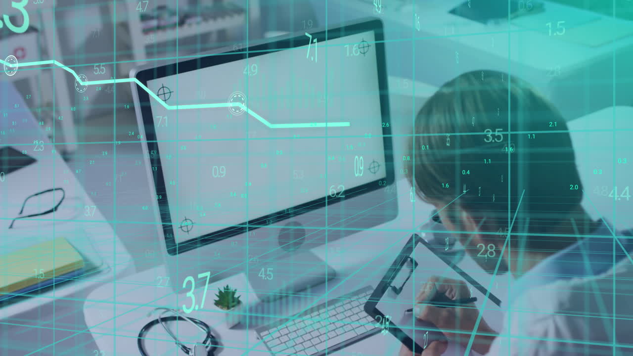 Animation of data processing over man using computer with blank screen