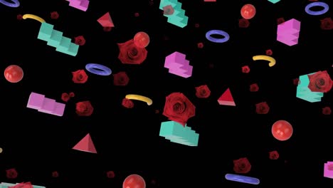 Animation-of-red-roses-over-colorful-shapes-on-black-background