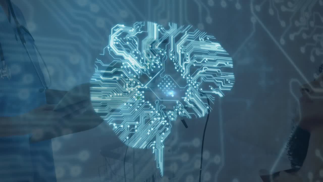 Animation of digital brain with computer circuit board over diverse doctor and patient
