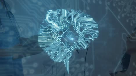 animación del cerebro digital con placa de circuito de computadora sobre diversos médicos y pacientes
