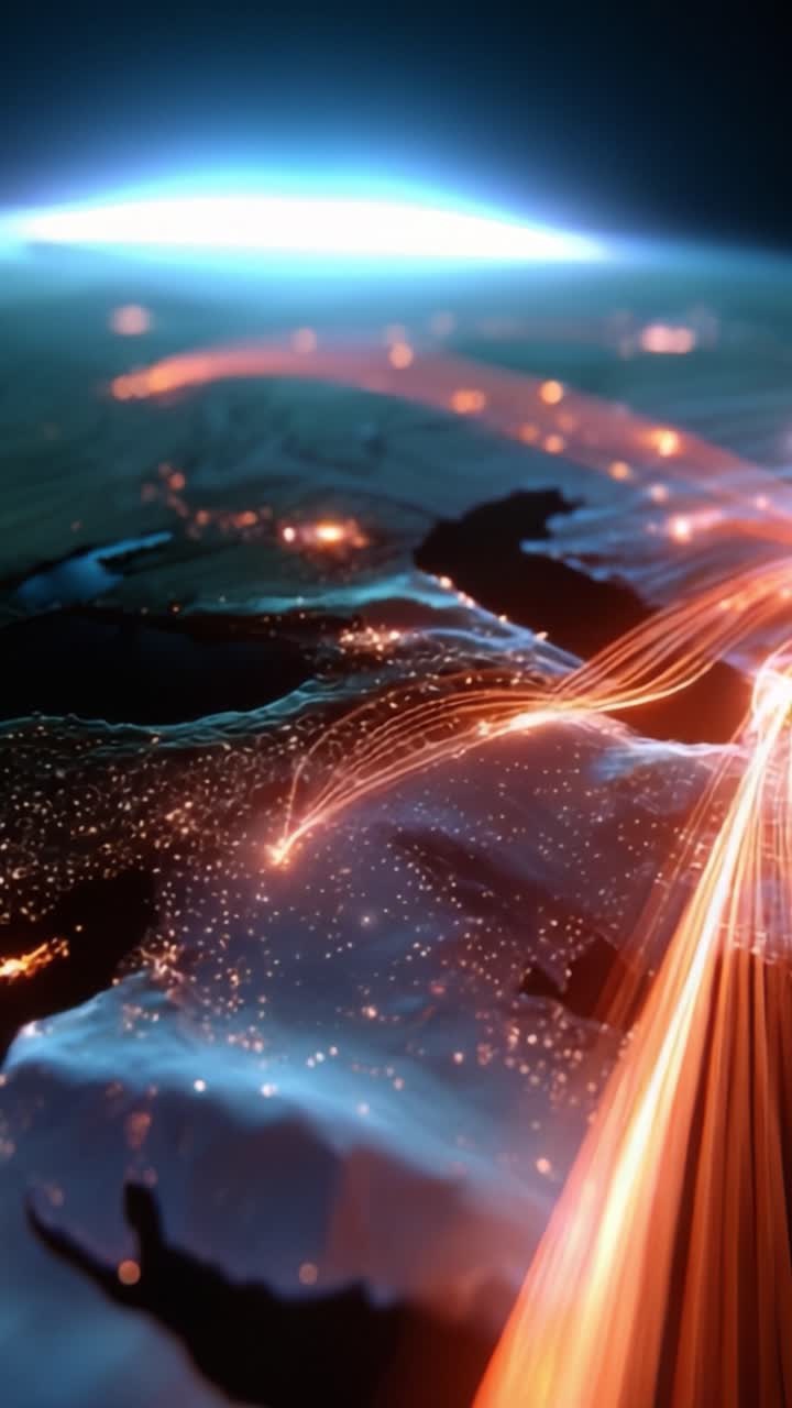 Stunning Satellite View of Nighttime Coastlines with Illuminated Cities and Luminous Pathways Highlighting Modern Connectivity Across the World