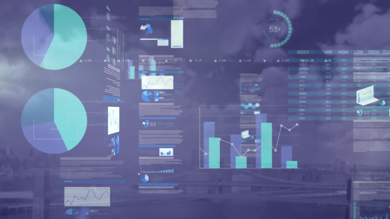 Animation of graphs and data over cityscape