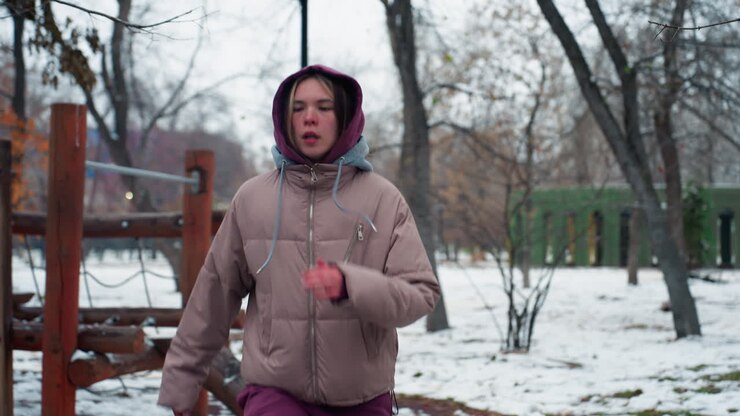 Young woman in winter outfit walking briskly through snowy park in urban setting, warming up in cold weather, trees with no leaves in background