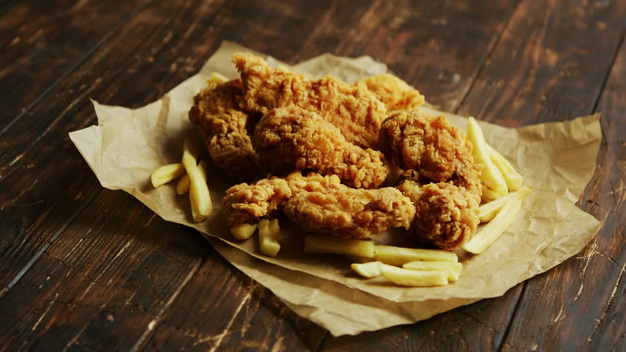 양피지에 감자 튀김과 닭 날개