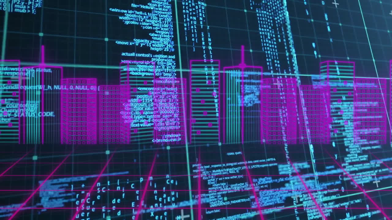 Animation of data processing and shapes over neon cityscape