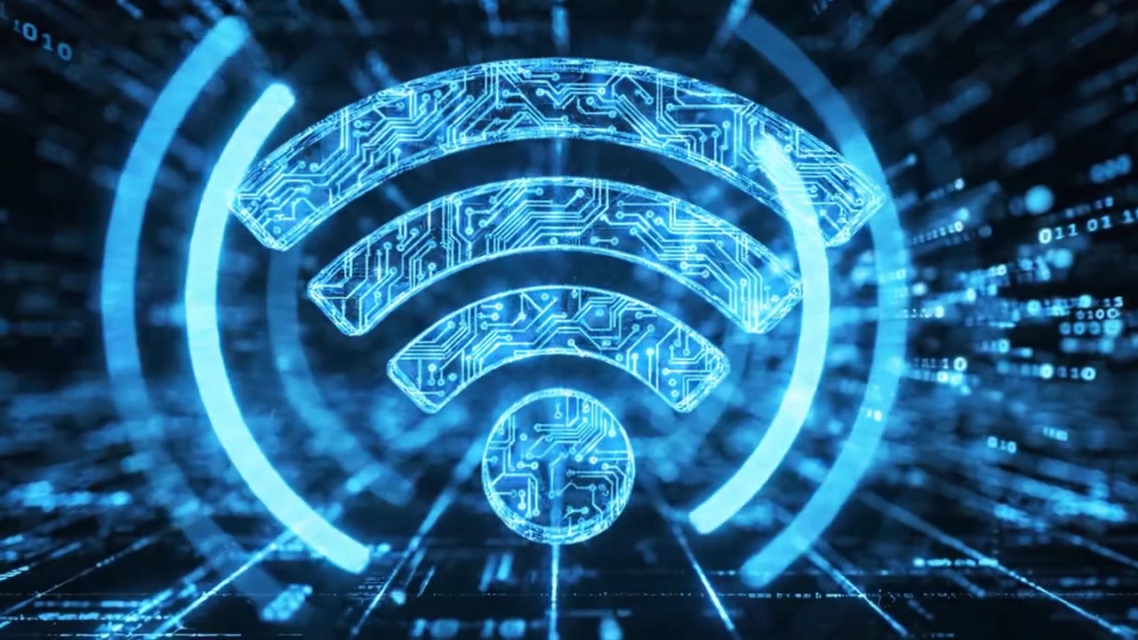Futuristisk digitalt rum, der viser datastrømme, der overgår fra et binært gitter til et stiliseret trådløst signalikon, der repræsenterer forbindelse og teknologi