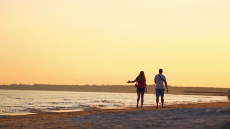 couple walking on the beach. rear view of happy walking couple on the beach