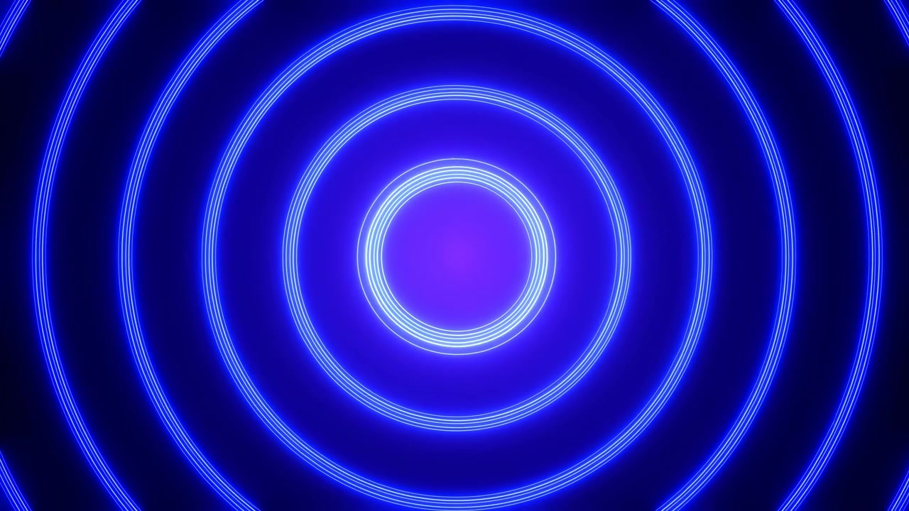 Anéis de pulso concêntricos azuis expandindo de um ponto central, círculos de néon ondulam para fora como sonar, hipnótico