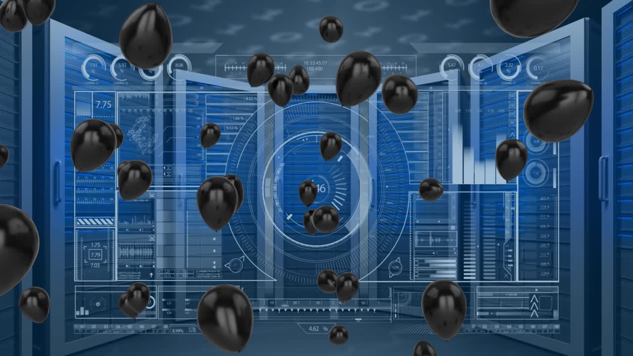 Animation of black balloons and uploading over servers
