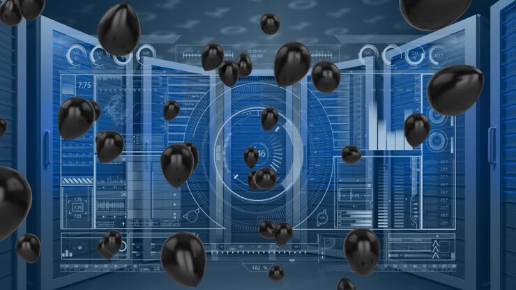 Animation of black balloons and uploading over servers