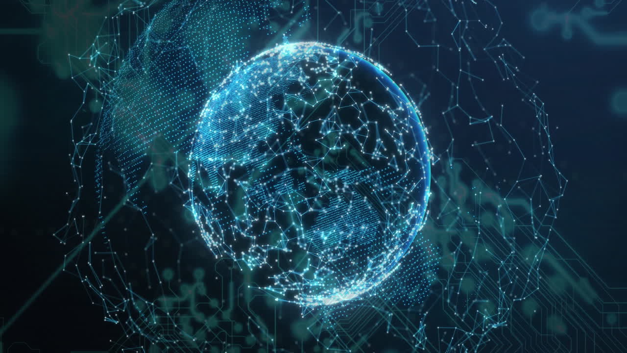 globo digital con nodos y líneas interconectados, animación de red global