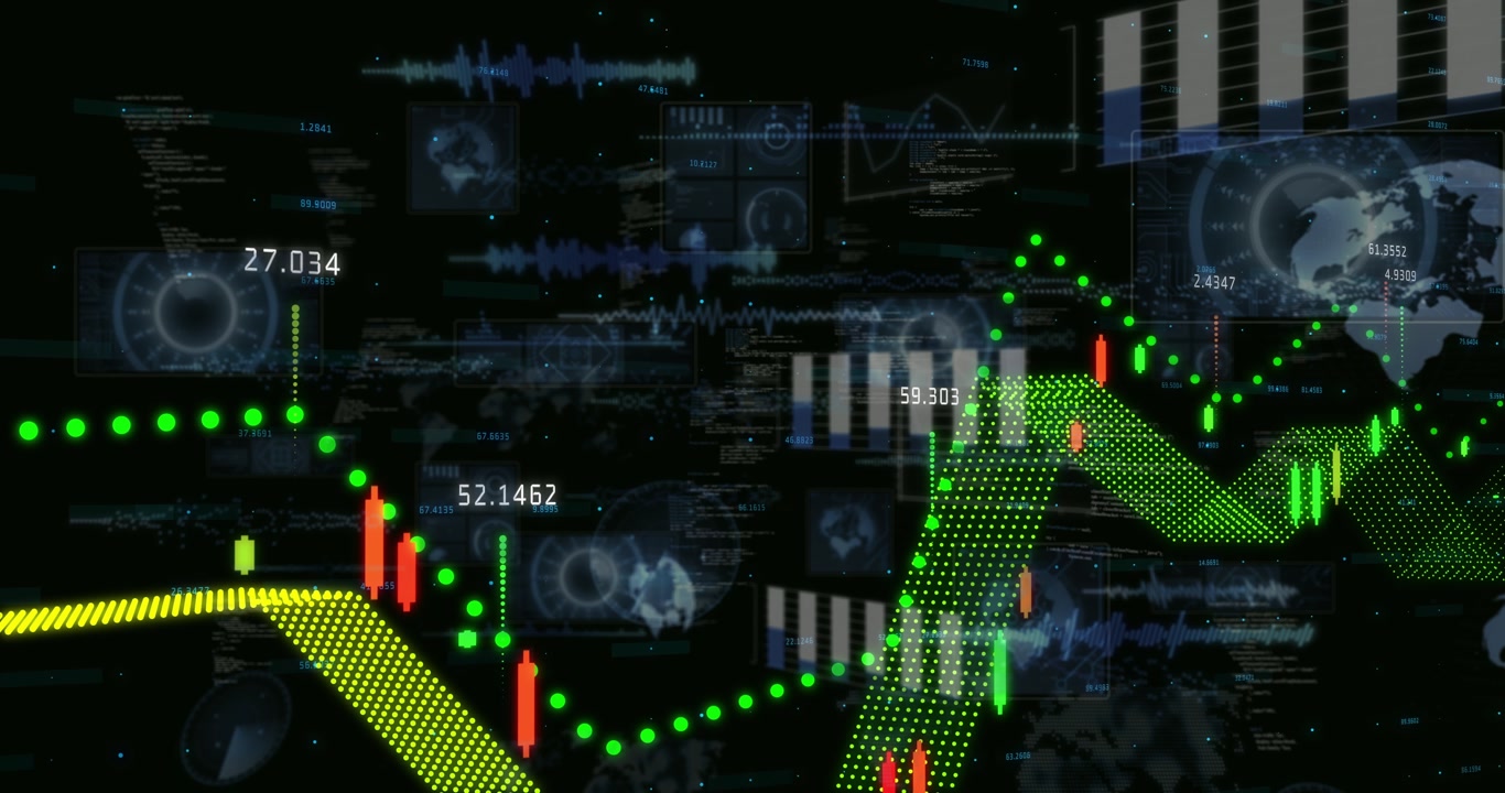 Financial animation starting left emergence, dotted trend rising into peak for analytics