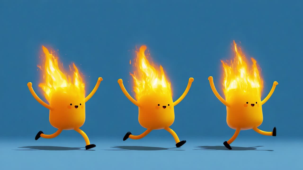 Cheerful, animated creatures with flames for heads dance in unison against a vibrant blue background, showcasing their playful energy and fiery personalities in a whimsical display