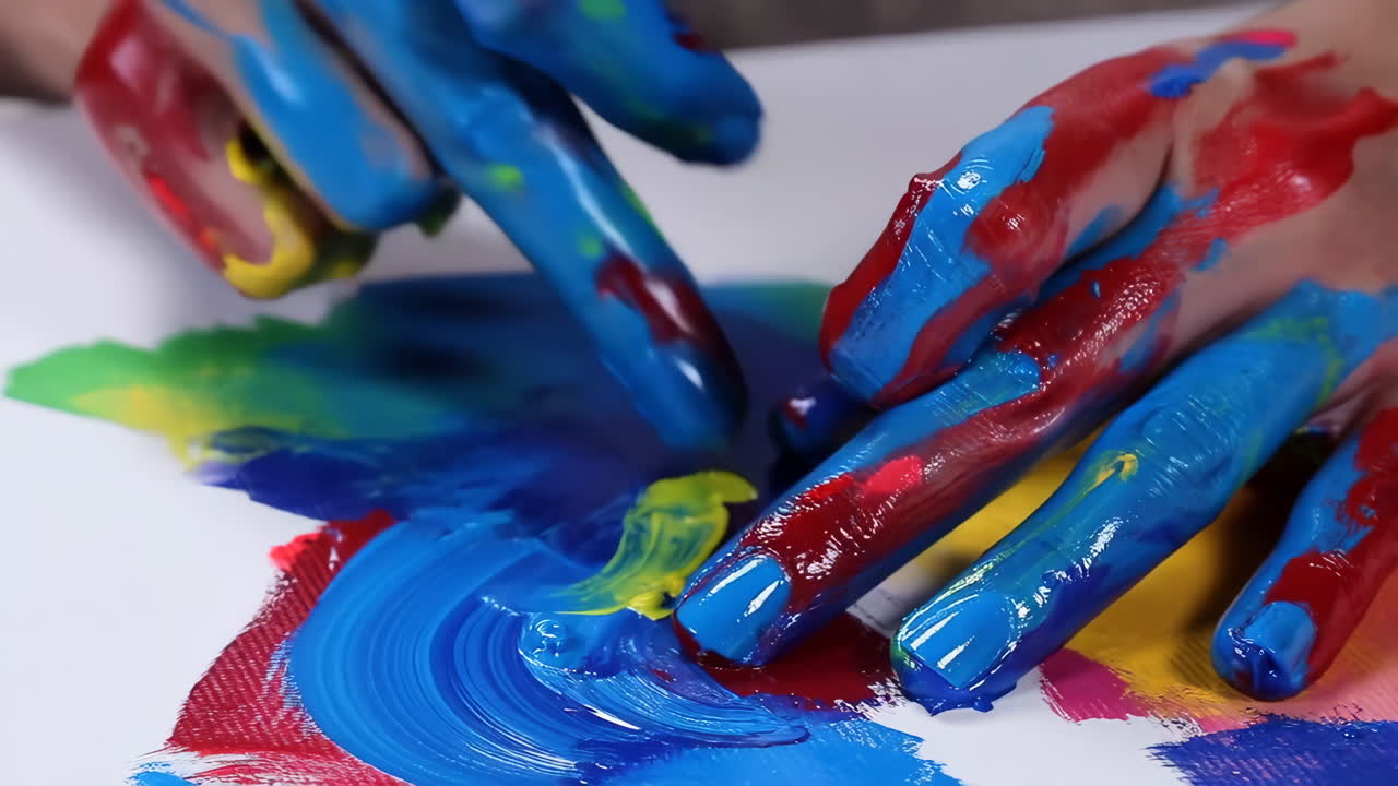 Mani coperte di vernice che creano arte colorata