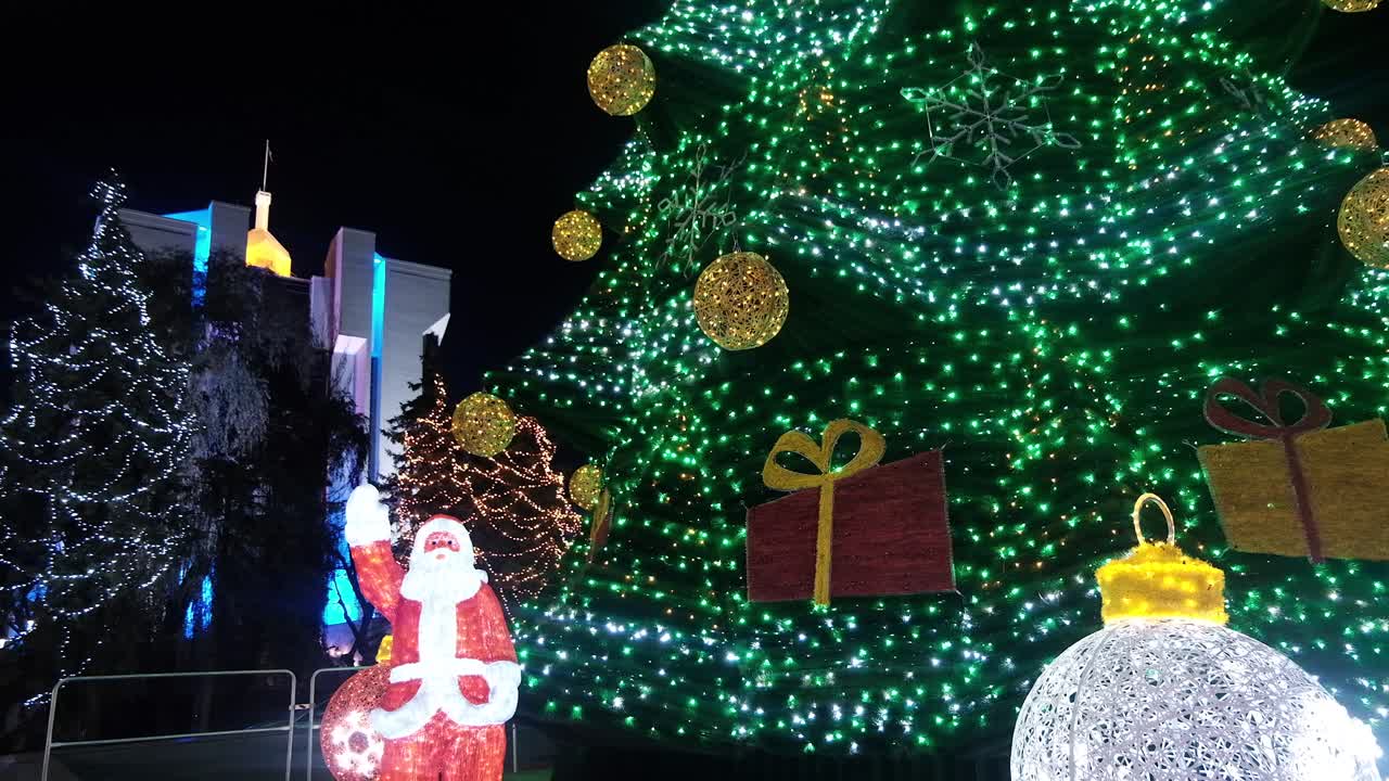 View of lights on a tree at a Christmas Market in Chisinau, Moldova in the evening
