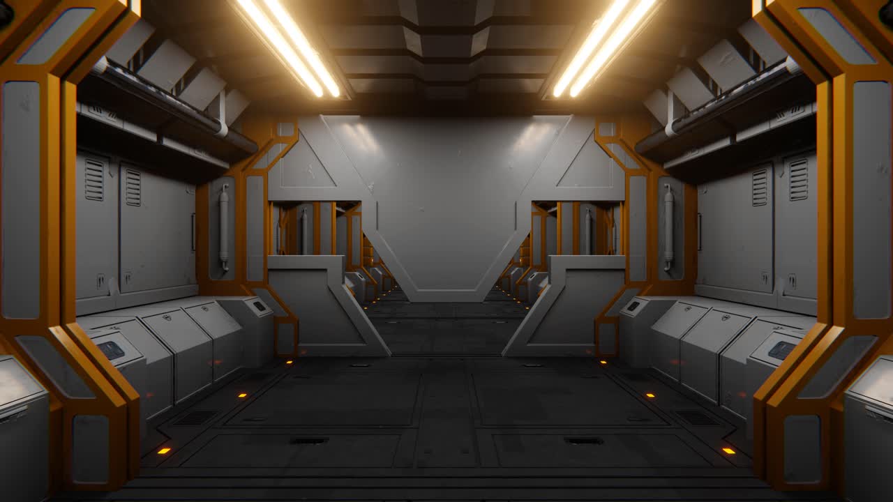 4K seamless loop motion graphics of flying into sci-fi spaceship hallway, tunnel, corridor. 3D render animation. Sci-fi endless futuristic motion background
