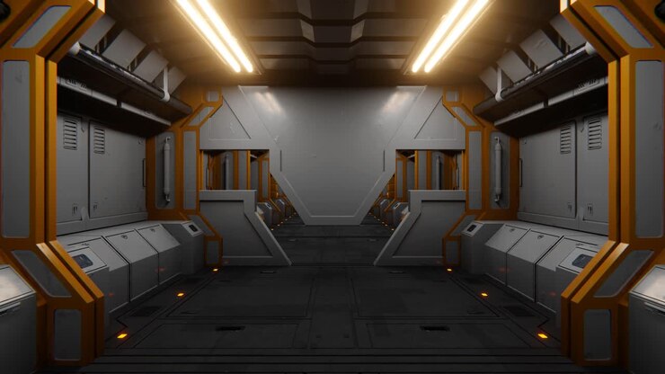4K sømløs bevægelsesgrafik af flyvning ind i sci-fi rumskibsgang, tunnel, korridor. 3D-renderanimation. Sci-fi uendelig futuristisk bevægelsesbaggrund.