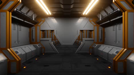 4k seamless loop motion graphics of flying into sci-fi spaceship hallway, tunnel, corridor. 3d render animation. sci-fi endless futuristic motion background