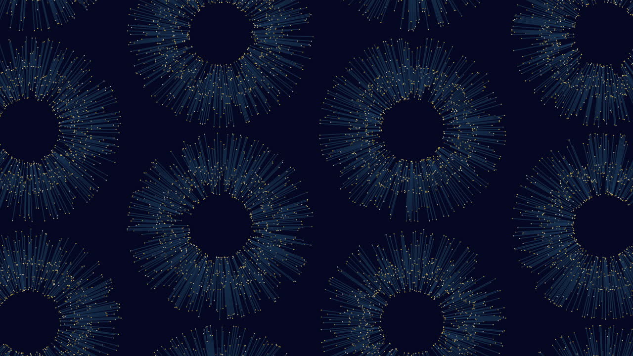 An intricate circular design in shades of blue and black, composed of small interconnected circles and lines. The pattern showcases a visually appealing concentric arrangement with delicate detailing