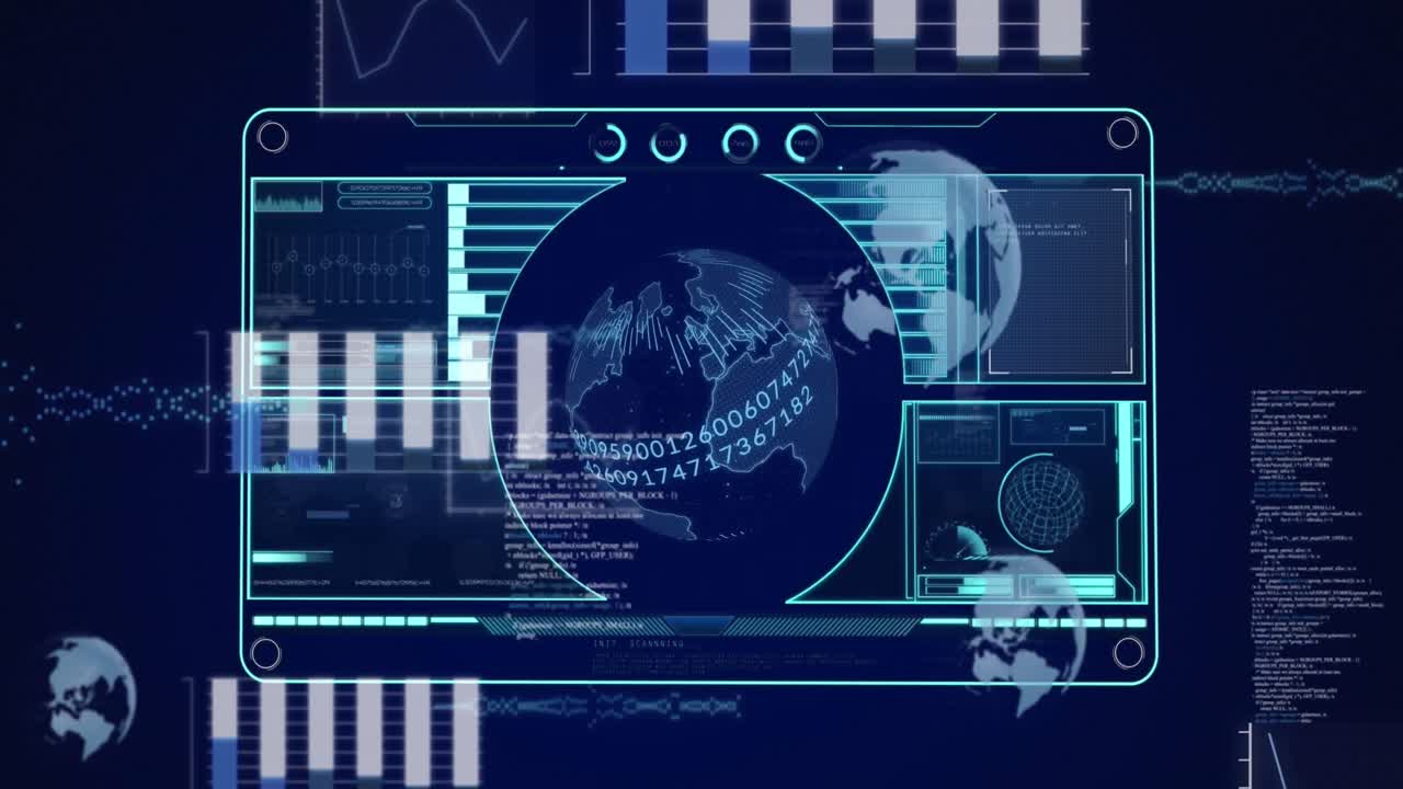 Animation of interface with data processing over spinning globe against blue background