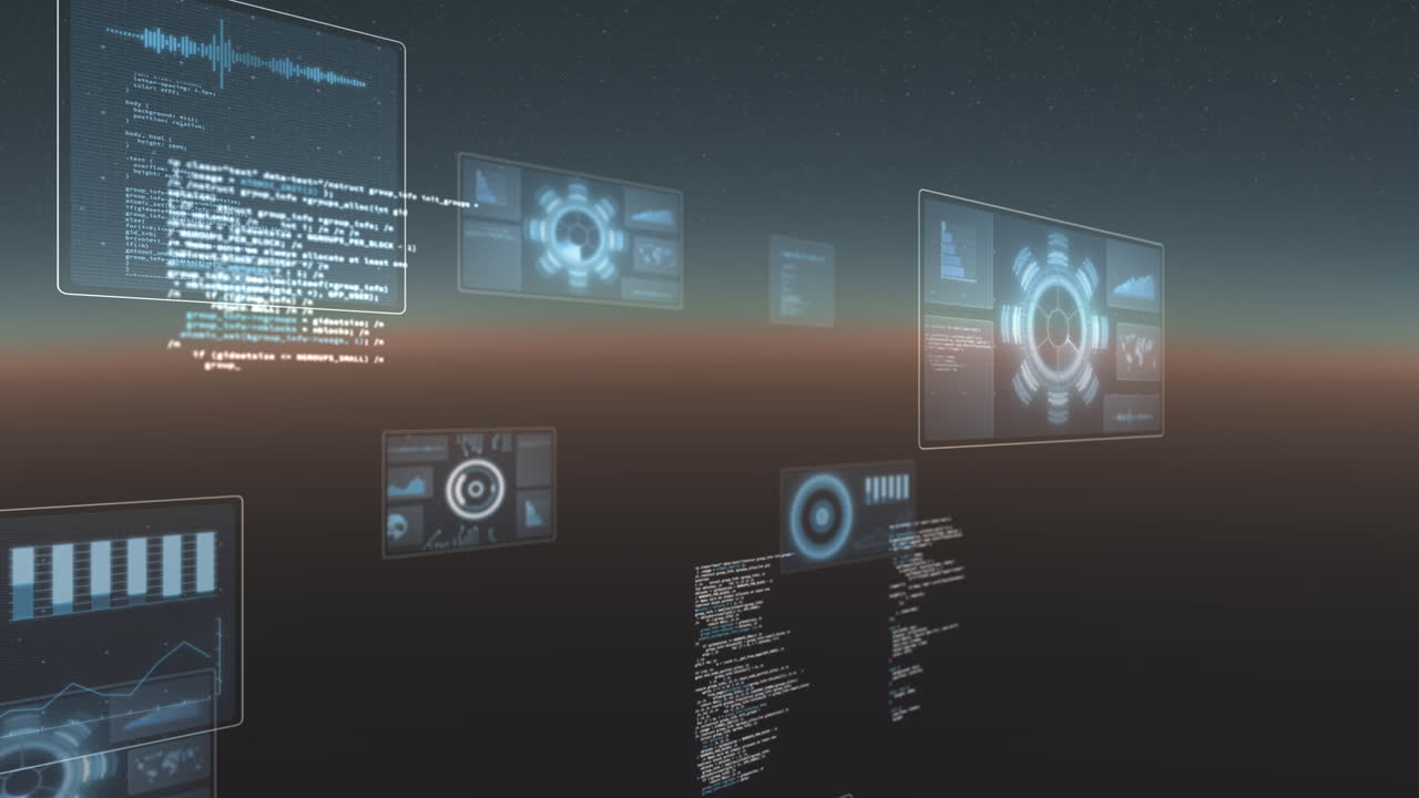 animación del procesamiento de datos y el escaneo de ámbitos en pantallas sobre fondo de gradiente