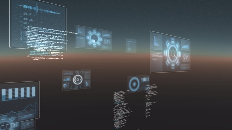 Animation of data processing and scopes scanning on screens over gradient background