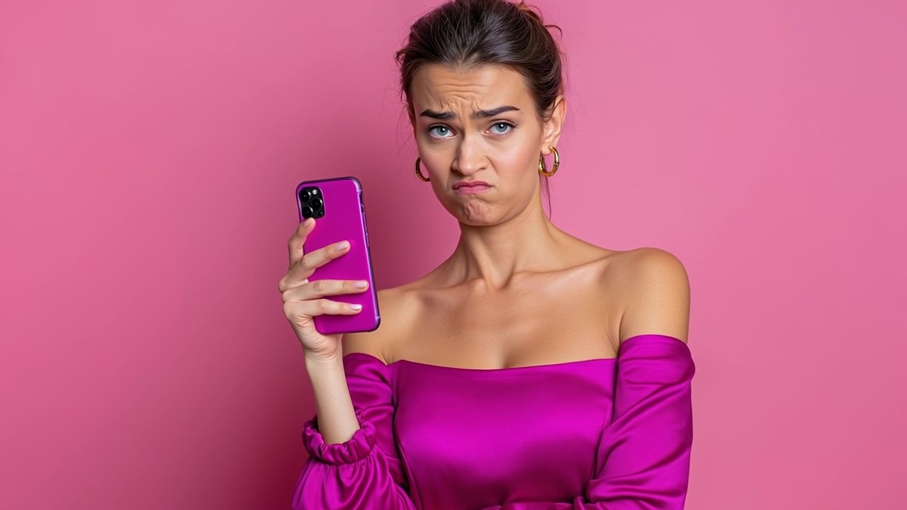 Giovane donna infastidita che tiene in mano uno smartphone e aggrotta la fronte su uno sfondo rosa.