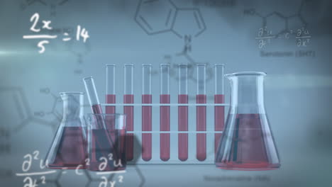 animación de estructuras de compuestos químicos contra tubos de ensayo de laboratorio y vasos con líquido rojo