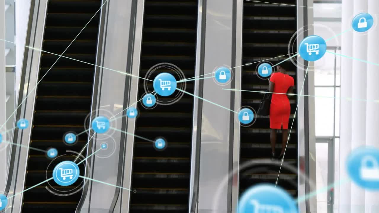 현대 사무실의 에스컬레이터에서 사업가 여성의 뒷면 뷰에 대한 디지털 아이콘 네트워크의 애니메이션