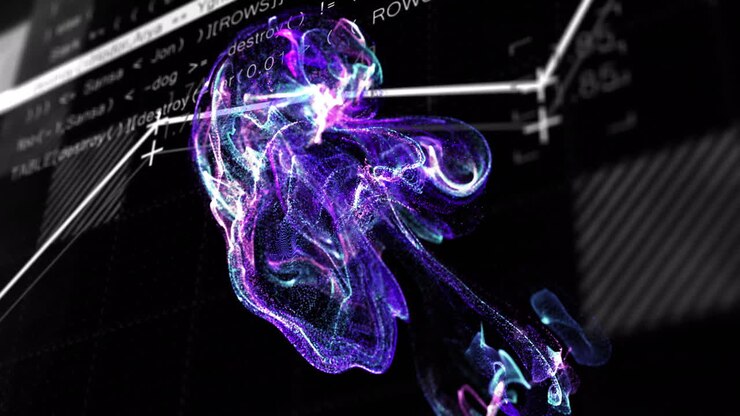 Animation of blue spots over data processing on black background