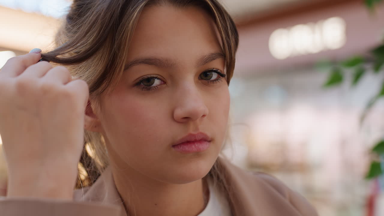 Retrato de mujer segura de sí misma, ambiente de venta al por menor con una señora decidida, primer plano de una mujer que muestra una gran resolución, joven sentada con confianza en un centro comercial que transmite determinación